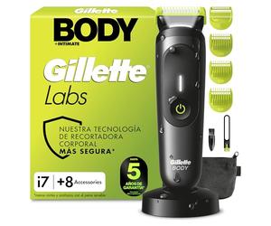 GilletteLabs i7 Body + Intimate Afeitadora Corporal con Accesorios, Negro/Verde - Depiladora Corporal Hombre con 4 Peines, Funda, Base de Carga Y Soporte De Ducha, Tecnología Skinfirst Y Luz LED