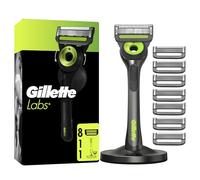 GilletteLabs Maquinilla de Afeitar Neon Night Edition con Recambios, 1 Mango de Metal con Barra Exfoliante Integrada, 8 Cuchillas con Banda Lubricante, 1 Soporte Magnético