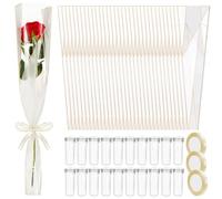 Gilprop Juego de 100 fundas de rosas individuales con tubos de agua florales para ramos, 100 bolsas de envoltura de flores individuales, 100 tubos de agua de flores con 3 cintas, bolsas de embalaje de