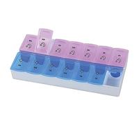 Gima - Pastillero semanal, con 7 compartimentos con los días en inglés y 2 espacios distintos para las pastillas de la mañana (violeta) y de la tarde (azul claro), de plástico resistente, 41500