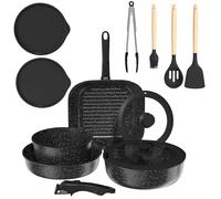 Gimars 14PCS Sartenes Antiadherentes, con 2 Asas Desmontables, Sartenes de 20/26 cm, Cacerola de 20 cm, Grill de 26 cm, 4 Tapas, 4 Utensilios, sin PFOA para Hornos de Gas de Inducción