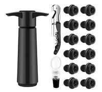 Gimars 15 Pcs Bomba de Vacío para Vino de Acero Inoxidable, 12 Tapones, Vertedor y Sacacorchos en ABS Negro, Mantén el Vino Fresco y Sabroso, Reutilizable, Regalo Ideal