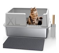 Gimars Arenero Acero Inoxidable Gatos XL 60x40x31cm, arenero Gato Acero Inoxidable 28L, Bandeja de Arena fácil de Limpiar y sin olores, Sanitaria a Prueba de Fugas con Pala y Alfombrilla