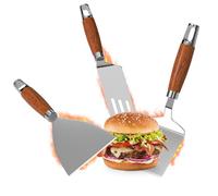 Gimars Juego de 3 Espátulas Acero Inoxidable 430 con Mango Madera | Incluye Repostera, Cuadrada y Triangular Grande | Ideal Parrillas, Barbacoa, Teppanyaki, Cocina