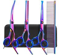 Gimars Kit De Tijeras Para Peluquería Canina Profesional 4CRCon Punta Redonda De Seguridad, 5 En 1 Tijeras De Titanio Para Estirar, Curvas y Rectas