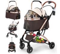 Gimars Mejora 4 en 1 Soporta 20kg Carrito Plegable para Perros Gatos Mediano Pequeño, Cochecito Perro con Portabebés Desmontable Ruedas Delantera Goma 360° Lluvia Funda Almacenamiento Cesta Caqui