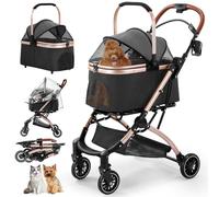 Gimars Mejora 4 en 1 Soporta 20kg Carrito Plegable para Perros Gatos Mediano Pequeño, Cochecito Perro con Portabebés Desmontable Ruedas Delantera Goma 360° Lluvia Funda Almacenamiento Cesta Negro
