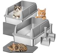 Gimars Paquete de 2 cajas de arena XL de acero inoxidable para gatos grandes y mayores, bandeja de arena de metal para varios gatos con lados altos, resistente al olor y fácil de limpiar, incluye pala