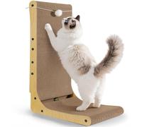Gimars Rascador para Gatos en Forma de L, 68 cm Rascador de Cartón para Gatos de Interior, con Juguetes de Bola, Tamaño Grande, Madera