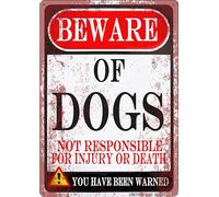 GIMIPATS Letrero de metal retro para patio, con texto en inglés "Beware of Dogs" para el hogar y el negocio, no es responsable de lesiones o muerte, has sido advertido, 30,5 x 20,3 cm