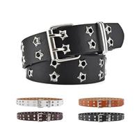 GIMIRO Cinturón punk para mujer, cinturón para vaqueros, cintura para abrigo, cinturón de remache hueco, doble fila de agujeros de estrella, hebilla cuadrada resistente con 2 pines, Negro, 3cm x 110cm