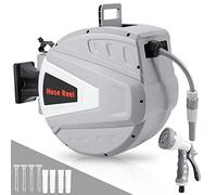 Gimisgu Enrollador de manguera retráctil, 20 + 2 m, con soporte de pared, manguera de jardín, enrollado automático, giratorio 180°, 9 patrones de boquilla de manguera