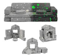 GIMMYFIVE Sofá para niños, 12 piezas, modular con estrellas que brillan en la oscuridad, muebles de dormitorio para sala de juegos, sofá convertible de espuma plegable para niños y niñas, color gris