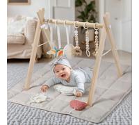 Gimnasio de juegos de madera con tapete beige, gimnasio plegable para juegos de bebé, tapete de actividad infantil con 6 juguetes colgantes, centro de actividades de marco de madera de pino natural