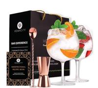 Gin Tonic Glass for Gin Lovers - Juego de 2 vasos G&T hechos a mano. Cuchara de cóctel Oro Rosa, taza medidora de doble cara y copas de cóctel altas | E-Book Recetas Gratis (INGLÉS)