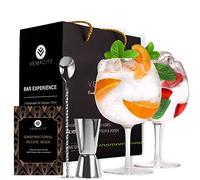 Gin Tonic Glass for Gin Lovers - Juego de 2 vasos G&T hechos a mano. Cuchara de cóctel Plata, taza medidora de doble cara y copas de cóctel altas | E-Book Recetas Gratis (INGLÉS)
