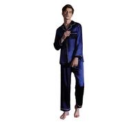 Ginell Tranquility Series - Conjunto de pijama de seda para hombre, 100% seda de morera, colores sólidos, botón frontal, conjunto de pijama de seda de 2 piezas, Azul oscuro, Large