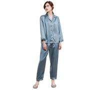 Ginell Tranquility Series - Conjunto de pijama de seda para mujer, 100 % seda de morera, colores lisos, botones frontales, conjunto de pijama de 2 piezas, Azul , L