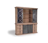 GINER Y COLOMER Alacena Industrial Madera de Mango 4 Puertas Correderas 6 Cajones Gris Oscuro Natural