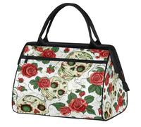 Ginfult Bolsa de lona deportiva con diseño de calavera de azúcar y flores de rosa, bolsa de lona impermeable para viajes, gimnasio, fin de semana, para mujeres y hombres
