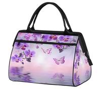 Ginfult Bolsa de lona deportiva con diseño de orquídea y mariposa morada, impermeable, ligera, para gimnasio, fin de semana, para mujeres y hombres