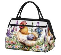 Ginfult Bolsa de lona deportiva impermeable con diseño de gallo y flores de gallina en acuarela, ligera, para gimnasio, fin de semana, para mujeres y hombres