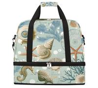 Ginfult Bolsa de lona plegable retro con compartimento para zapatos, diseño de caballito de mar y estrellas de mar, conchas marinas, para viajes, para mujeres y hombres