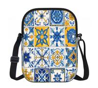 Ginfult Bolso cruzado con diseño de azulejos de cerámica españoles, azul, amarillo, blanco, bolso cruzado para teléfono, bolso de hombro impermeable con correa ajustable