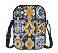 Ginfult Bolso cruzado con diseño de azulejos españoles azul oscuro y amarillo para teléfono, bolso de hombro impermeable con correa ajustable