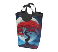 Ginfult Cesta de lavandería roja con diseño de luna y árbol japonés con asas, cestas plegables para ropa sucia, cestas grandes de almacenamiento para dormitorio y baño