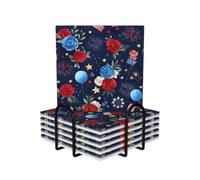 Ginfult Juego de 6 posavasos de cerámica absorbentes con diseño de globo rojo y azul con diseño de estrellas y rosas y bandera de Estados Unidos, juego de 6 posavasos cuadrados antideslizantes con