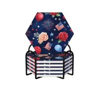 Ginfult Juego de 6 posavasos hexagonales de cerámica absorbente con diseño de globo de rosa roja y azul con soporte para el hogar