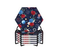 Ginfult Juego de 6 posavasos hexagonales de cerámica absorbente con diseño de globo rojo y azul con diseño de estrellas y rosas y bandera de Estados Unidos con soporte para el hogar