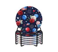 Ginfult Juego de 6 posavasos redondos de cerámica absorbente con diseño de globo de rosa rojo, blanco y azul, con soporte para el hogar