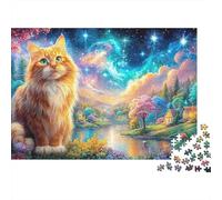 Ginger Cat por el Lago; Estrellas Brillantes, acogedoras Casas detrás Puzzle De 1000 Piezas Gato Lindo Ocio Familiar, Adultos Y Niños 38x26cm/1000pcs