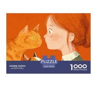 Ginger Girl with Yellow Eyes 1000 Piezas Cartón Rompecabezas Cat and Girl Liberador De Estrés Juego Familiar Puzzle Juego De Desafío Difícil 70x50cm/1000pcs
