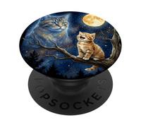 Ginger Kitten Howling at The Moon Night Sky Cat Art PopSockets PopGrip Adhesivo