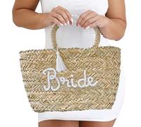 Ginger Ray Bolsa de ratán tejida para boda con adorno de cuerda y borla blanca para despedidas de soltera o luna de miel, color marrón