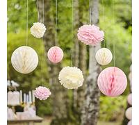 Ginger Ray Paquete de 8 pañuelos ecológicos para colgar con pompones y panales, color rosa