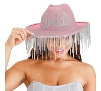 Ginger Ray Sombrero de vaquero con purpurina rosa con diamantes adornados con borde de borlas, para despedida de soltera