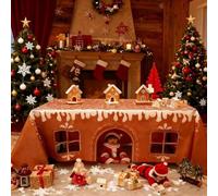 Gingerbread House Christmas Tablecloth, Reusable Rectangle Table Cover with Playful Cut-Out Windows, Multiple Sizes 47x59 to 91x118 Inch, Festive Holiday Decor for Family Gathering (47 Inch x 59 inch)