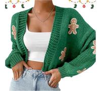 Gingerbread Sweater Women, Christmas Women's Gingerbread Man Cardigan, Cartoon Print Drop Shoulder Cardigan (Green,XL)