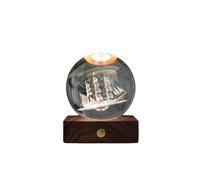 Gingko Lámpara de mesa LED de cristal ámbar, base de madera de nogal, velero
