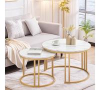 Ginhow Mesa Auxiliar Sofa Mármol óptica, Mesa de Centro Redonda 2er Set, ø 70 + 50 Coffee Table, mármol Blanco y Marcos metálicos Verticales