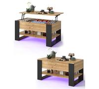 Ginhow Mesa de Centro Elevable 45-62cm, Coffee Table con Luz LED, Mesas Auxiliares para Salon 92x50cm, Mesa de Centro Madera Roble, Muebles de Salon con Patas Negras U