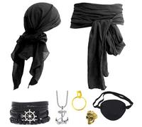 Ginkago Disfraz Pirata Mujer Halloween Ropa Hombre Piratas del Caribe Disfraces adultos Pañuelo Parche Ojo Faja Pendientes Anillos Pulseras Collares (Negro-7PCS)