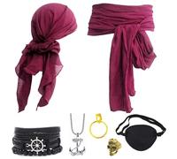 Ginkago Disfraz Pirata Mujer Halloween Ropa Hombre Piratas del Caribe Disfraces adultos Pañuelo Parche Ojo Faja Pendientes Anillos Pulseras Collares (Burdeos-7PCS)
