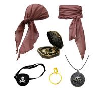 Ginkago Disfraz Pirata Mujer Halloween Ropa Hombre Piratas del Caribe Disfraces adultos Pañuelo Parche Ojo Faja Pendientes Anillos Pulseras Collares (Marrón-6PCS)