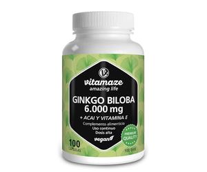 Ginkgo Biloba 6000 mg - Con L-Carnitina, Vitamina E y Extracto de Acai - Memoria y Concentración - Nootropico - Suplemento Puro Sin Aditivos - Calidad Alemana Vitamaze®