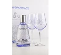 GINMARE Mediterranean Gin - Pack Gin Mare Botella 700ml y 2 Copas de Cristal para Tonic - Ginebra Premium - Pack Especial Regalo - 42,7& Vol